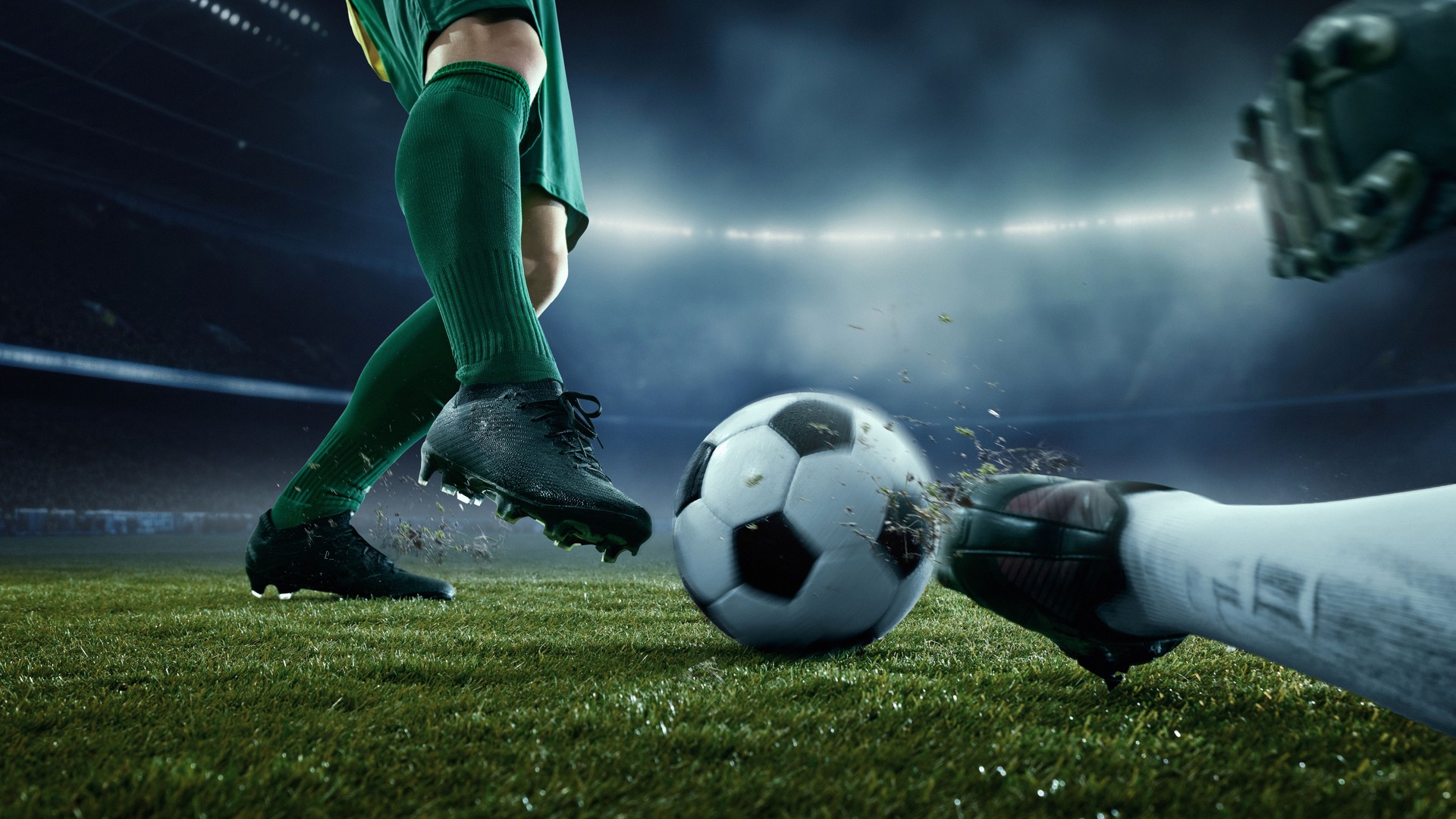 Player in green uniform maneuvering soccer ball while goalkeeper in white-green lunges to stop in high-stakes match under bright stadium lights. 3D rendering stadium.